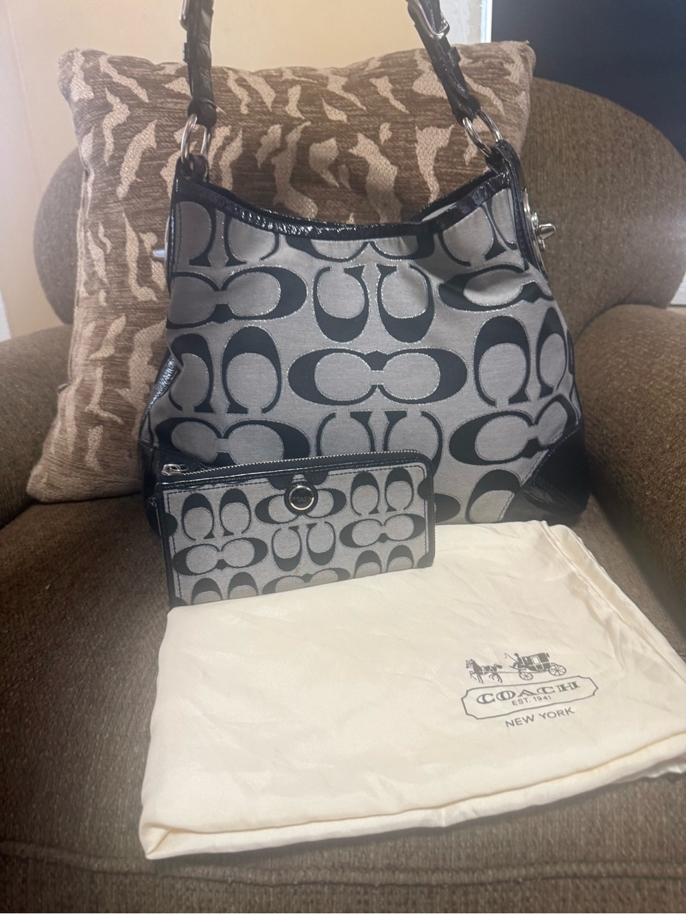 Coach Signature Canvas Hobo Bag in Black and Gray
